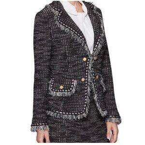$646 Misook XL Tweed Fringe Skirt Jacket Suit Set Stretch Knit Black Gray Boucle